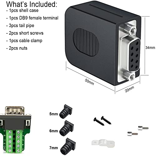DTech DB9 Breakout Connector Female RS232 Serial Adapter Solderless Module Board mit Anschlussblock, Gehäuse, Muttern und Endrohren (DB9 Female + Muttern)