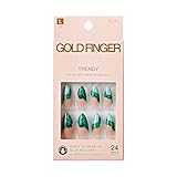 GoldFinger Trendy False Nails Kit, Long Almond Design Nail, Nature Inspired Refreshing Elegant Marble Green Print, Ready to Wear Gel & Manicure Stick included, Long-Lasting Convenient & Easy to Apply