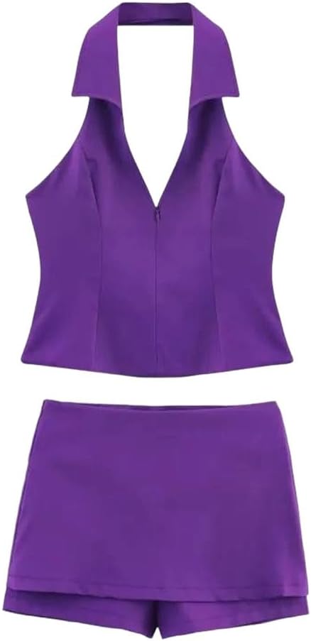 Women's Two Piece Set V-Neck Sleeveless Backless Zipper Mini Skirts Shorts Suits