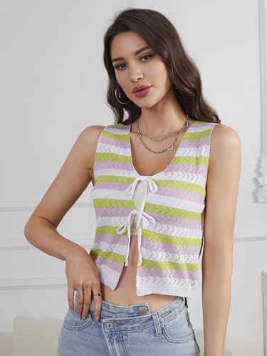 MakeMeChic Women's Striped Tie Front Vest Sleeveless Knit Lightweight Outerwear3