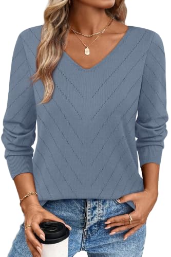 Image of WIHOLL Sweaters for Women V Neck Casual Knit Long Sleeve Tops Lightweight Pullover Clothes Fall Fashion Outfits 2026