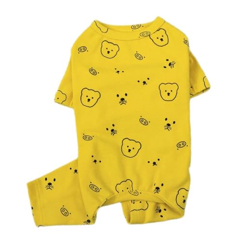 AttRex 犬の服 つなぎ パジャマ 春秋冬 ペット ロンパース 柔らかい 防寒 暖かい ドッグウエア Tシャツ 小中型犬 洋服 かわいい 抜け毛対策 部屋着 ルームウェア 寝間着 お出掛け用 散歩 (L,イエロー)