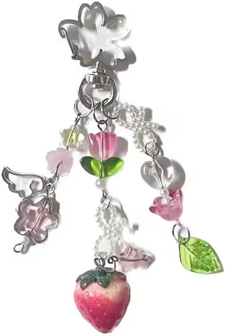 Cute Pink Keychain,Fuzzy Cat Keychain Aesthetic Y2K phone chain，KeychainStylish KeychainsAccessories Strawberry Phone Chain，Cute Butterfly Bear Guitar Keychains Charms for Women Bag Set of 2(cake) image 4