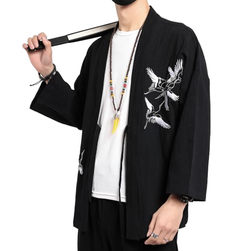 Image of Men's Japanese Kimono Cardigan Loose Cotton Linen 3 /4 Sleeve Open Front Casual Summer Shirt Jackets