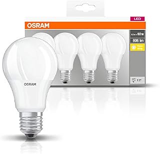 Osram LED Base Classic A Lamp, Bulb-Shaped With E27 Socket, Not Dimmable, Replacement For 60 W Incandescent Lamp, Matt, Warm White, 2700 Kelvin, Pack Of 4