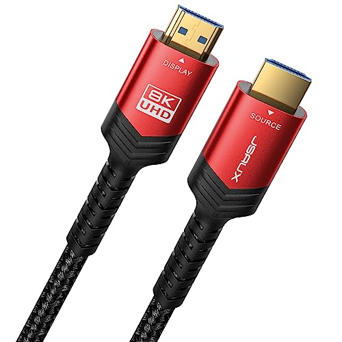 JSAUX Cabo longo HDMI de fibra óptica 8K 15 m 2.1 48Gbps cabo trançado HDMI ultra alta velocidade, 4K @120Hz 144Hz, 8K@60Hz, HDCP 2.2 e 2.3, HDR 10, eARC compatível com monitor de laptop UHD TV PS5 PS4-Red