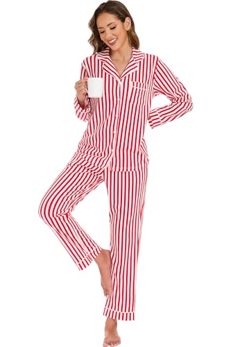 Image of LUBOT 100% Cotton Pajamas for Women 2 Piece PJ Set Button Down Long Sleeve Soft Comfy with Pockets Printed Patterned Sleepwear Loungewear (Red Stripe, XS)