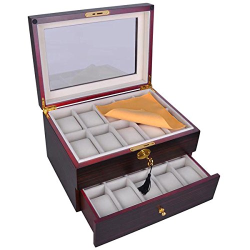 Black Walnut Matte Stain Color Wood Glass Top 20 Watch 2-deck Display Case Jewelry Box Drawer w Lock