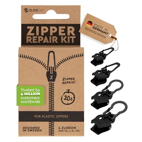 Zlideon Zipper Repair Kit for Plastic Zippers Multipack - 4pcs, Black | Instant Zipper Pull Replacement Slider for Kids’ Clothing, Sportswear, Duvet Covers | Easy to Install | Made in Germany