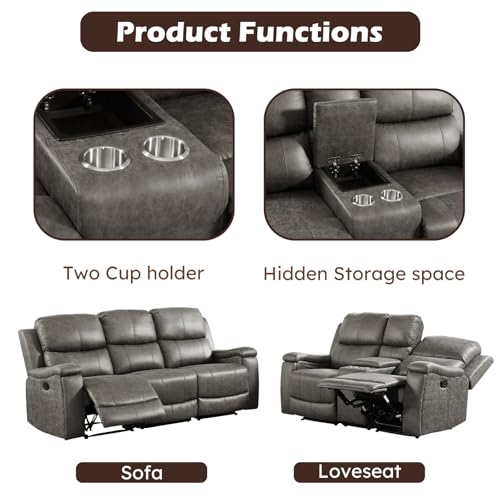 Image of CANMOV Faux Leather Manual Reclining Sofa Set, Manual Recliner Sofa and Recliner Loveseat with Center Console, Hidden Storage and Cup Holders for Living Room,Bedroom Furniture,Grey