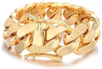SUNEW Heavy Cuban Link Chain Bracelet, 18K Gold Plated, Wide Curb Link Design