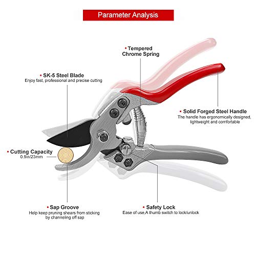 pozzolanas Pruning Shears, 7.5\" Professional Garden Shears Scissors Bypass Pruner Tree Branch Cutter Plant Trimming Scissors