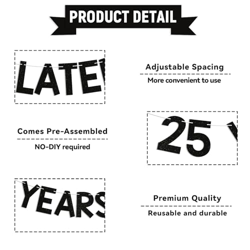 Image of 25 Years Later Banner - Quarter Life Crisis Decor, Cheers to 25 Years, Happy 25th Birthday Anniversary Party Decorations Black Glitter