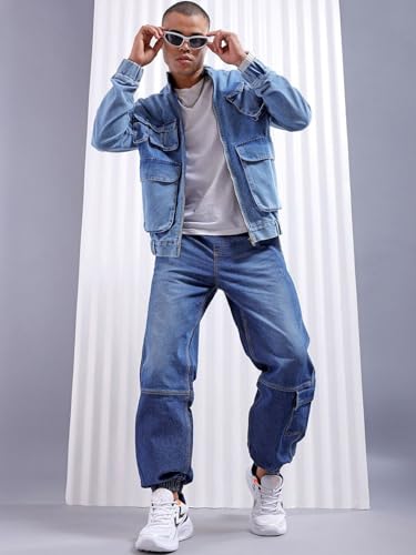 Image of The Indian Garage Co Men Loose Fit Solid Mid-Rise Stretchable Denim Joggers