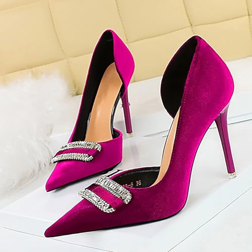 Women's Suede Rhinestone Pointed Stiletto Pumps Sexy Elegant Slip On Evening Party Bridal High Heel Dress Shoes4