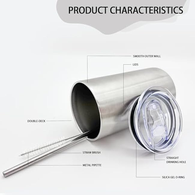 16 Pack Tumblers Blanks Bulk Skinny Straight Tumbler Stainless Steel Double Wall Insulated Water Bottles with Lid & Straw for DIY Gift, 12oz Silver