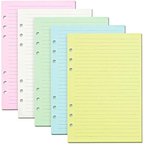 Lined Refill Paper, 200 Coloured Pages with Ruler for Refillable 6-Ring Binder Notebook Journal Planner Organiser Insert A5, 120gsm Thick Loose Sheet Paper Cover