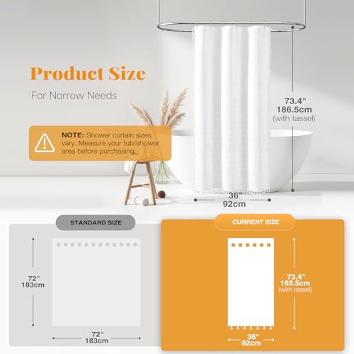 Image of BTTN Half Boho Farmhouse Linen Water Repellent Shower Curtain, White, 36x72 | Stall Size, Heavy Duty Fabric, 6 Plastic Hooks, Three-sided Tassels, Bohemian French Country, Machine Washable, Wrinkle Free