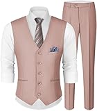 MAGE MALE Men's Linen 2 Piece Suit Slim Fit Wedding Groomsmen Summer Vest Pants Set with Pocket Square Pink