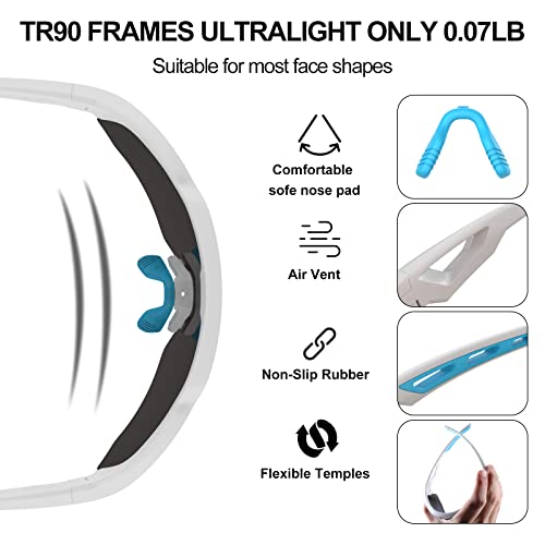 Haayot Polarized Cycling Glasses,Sports Sunglasses For Men Women,Baseball Biking Running Fishing Sunglasses With 5 Interchangeable Lenses White Blue #TOP2