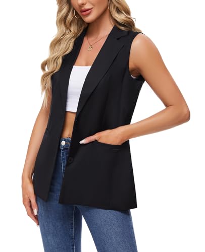 MINTLIMIT Sleeveless Vest Blazer for Women Casual Open Front Cardigan Vest Office Lapel Button Long Blazers with Pockets2