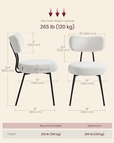 Image of VASAGLE Boucle Dining Chairs Set of 2, Upholstered Kitchen Dining Room Chairs with Curved Backrest and Steel Frame, Modern Mid Century, Round, for Vanity, Living Room, Cream White UKDC110W01