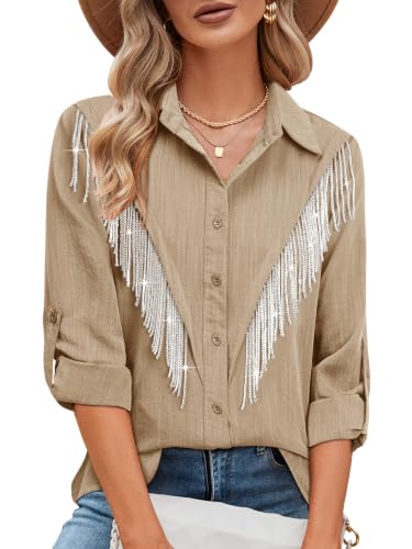 Image of MYMORE Womens Sparkly Fringe Shirt Western Cowgirl Country Concert Outfit
