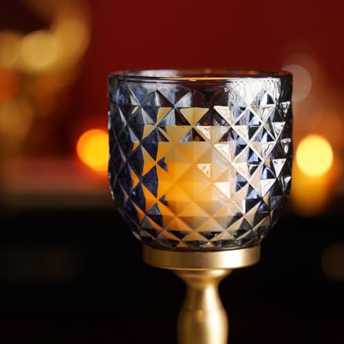 Image of Pure Home Blue Diamond Cut Hurricane - Large | Size: 9 x 9 x 24 cm | Premium Hurricanes for Home Decor | Table Top & Shelf Decor Showpiece | Ideal for Housewarming & Wedding Gifts | Premium | Pack of 1
