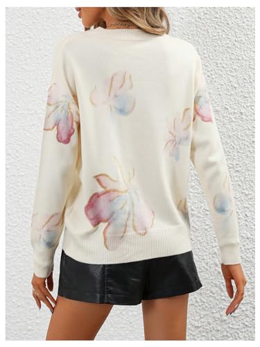 Image of BEAUDRM Women's Floral Pattern Sweaters Long Sleeve Round Neck Knitted Pullover Tops Beige Large