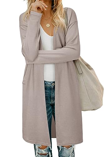 OUGES Damen Langarm Strickjacke Lang Leicht Cardigan Casual Strickmantel mit Taschen