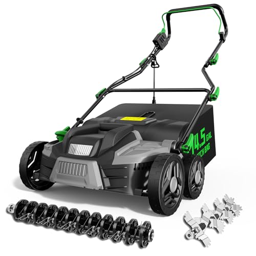 TIECTOWN 2026 Upgrade 16-Inch 15.5 Amp 2-in-1 Electric Dethatcher and Scarifier with 14.5-Gallon Collection Bag, Lawn Dethatcher with 5-Position Depth Adjustment, Keeps Lawn Healthy – Lime Green