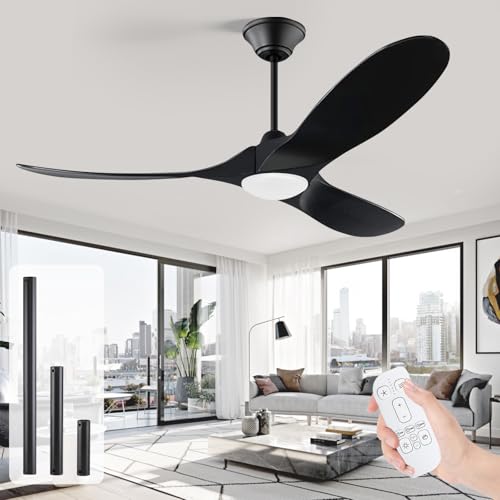 Image of 52 inch Black Ceiling Fan with Lights, Modern Propeller Ceiling Fan, Outdoor Black Solid Wood Ceiling Fans for Patio with Light, Reversible DC Motor High CFM for Porch, Exterior, Indoor