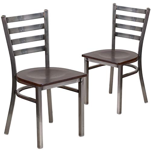 Image of Flash Furniture 2 Pack HERCULES Series Clear Coated Ladder Back Metal Restaurant Chair - Walnut Wood Seat