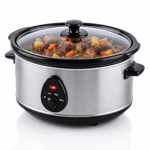 OVENTE Electric Slow Cooker with 3 Cooking Settings, Non-Stick and Dishwasher Safe Stoneware, Stainless Steel Body, Glass Lid, 3.7 Qt Oval Pot for Entrees, Soups, Sauces, Stews & Dips, Silver SLO35ABR