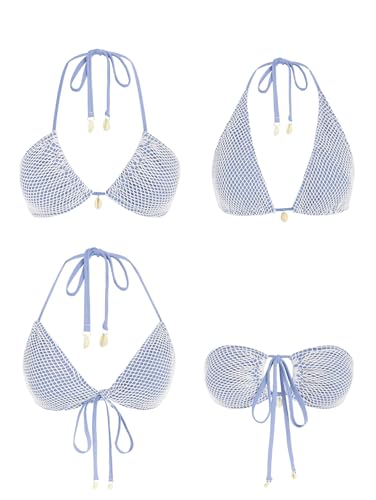 ZAFUL Women's Triangle Bikini Multiway Fishnet Tie Side Bandeau Halter String Bikini Set Two Piece Swimsuit Bathing Suits (1-Light Blue, S) - Image 3