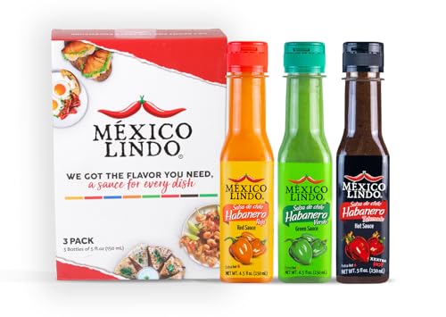 Mexico Lindo Hot Sauce Variety Pack | Includes 1 Bottles Each of Red Habanero + Green Habanero + Xxxtra Hot | 5 Fl Oz Bottles (Pack of 3)