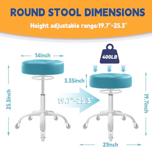 Image of Rolling Stool Heavy Duty 400lb: Super Soft Seat Cushion,360 Swive,Height Adjustability,No Squeaky Noises,No Tip Over,New Upgraded stool Salon Stool Chair, Tattoo Facial Massage Spa Medical(Cyan)