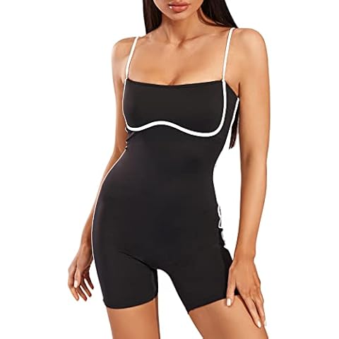 Move With You Women's Yoga One Piece Spaghetti Strap Tummy Control Romper Padded Bra Jumpsuit Workout Catsuit(Black,L) Cover