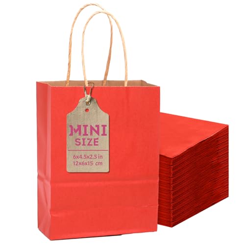 Gcardist - Paquete de 24 mini bolsas de regalo rojas de papel kraft para fiestas con asas, 12 x 6 x 15 cm (mini tamaño)