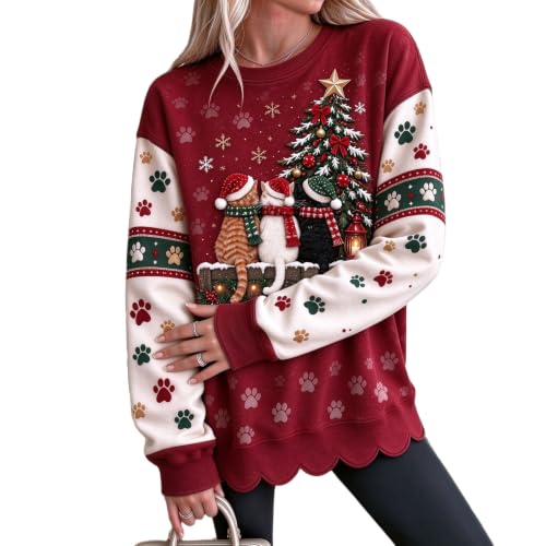 Women Christmas Graphic Crew Neck Cozy Paw Print Comfortable Sweatshirt - image 2
