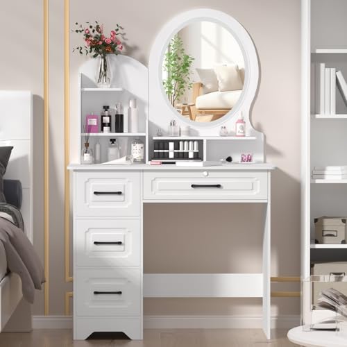 Stylowy biały stolik do makijażu z lustrem, duży schowek z 4 szufladami, podświetlana toaletka, eleganckie meble do sypialni na niezbędne akcesoria kosmetyczne