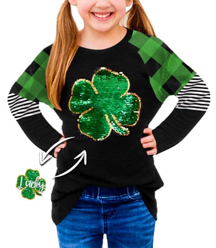 Image of BesserBay Girls St Patrick's Day Raglan Shirt Irish Sequin Lucky Stripe Shamrock Graphic Top 4-14 Years