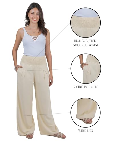 LOFBAZ Women Linen Palazzo Wide Leg Pants Flowy Lounge Casual High Waist Trousers Summer Beach Boho Long Pant with Pockets3
