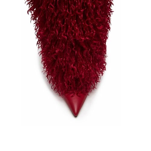 Faux Fur Knee High Boots Women Pointed Toe Slouchy Fold Over Fall Boots Stiletto High Heels Pull on Tall Wide Calf Winter Shoes4