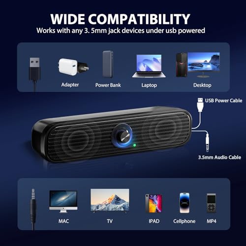 1Mii Computer Speakers for Desktop Laptop Tablet, USB Powered PC Speakers, Small Speakers Wired with Volume Control for Cellphone Pad MP3, Stereo Sound with 3.5mm Audio Plug for Windows Mac Linux PCs - Image 5