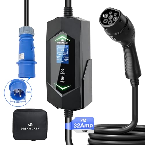 Colonnina Ricarica Auto Elettrica 7.4kw tipo 2 a Blu CEE 32A Monofase 3 pin, Cavo 7m, Wallbox Caricatore Regolabile...