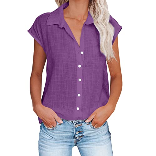 Blusa feminina elegante, casual, de linho, de manga curta, com bo...