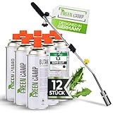 GREENCAMP® Unkrautbrenner [1100°] mit Piezozündung – Abflammgerät zur effektiven Unkrautbekämpfung – ergonomischer Unkrautvernichter mit regulierbarer Flamme – inkl. 12 Gaskartuschen (12 Kartuschen)