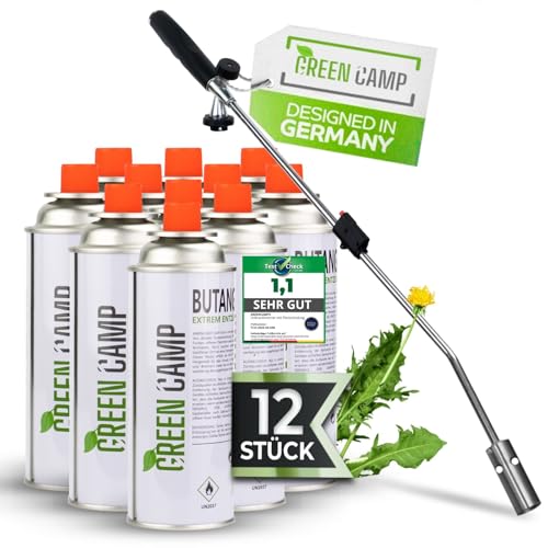 GREEN CAMP® Unkrautbrenner [inkl. 12 Kartuschen] Abflammgerät...