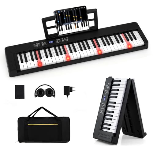 COSTWAY Piano Numérique 61 Touches Pliable avec Casque, Pupitre, Clavier Piano Taille Complète avec Haut-Parleurs, Pédale de Sustain, Fonction MIDI, 128 Sons 128 Rythmes pour Débutants (Noir)